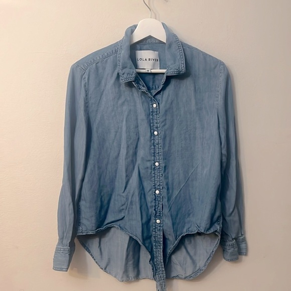 Lola River size M snap button down denim color long sleeves tie knot at front - Picture 1 of 8
